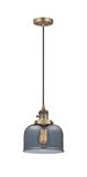 201CSW-BB-G73 Cord Hung 8" Brushed Brass Mini Pendant - Plated Smoke Large Bell Glass - LED Bulb - Dimmensions: 8 x 8 x 10<br>Minimum Height : 13<br>Maximum Height : 131 - Sloped Ceiling Compatible: Yes