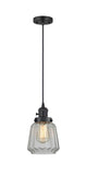 201CSW-BK-G142 Cord Hung 7" Matte Black Mini Pendant - Clear Chatham Glass - LED Bulb - Dimmensions: 7 x 7 x 11<br>Minimum Height : 14<br>Maximum Height : 132 - Sloped Ceiling Compatible: Yes