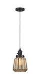 201CSW-BK-G146 Cord Hung 7" Matte Black Mini Pendant - Mercury Plated Chatham Glass - LED Bulb - Dimmensions: 7 x 7 x 11<br>Minimum Height : 15.25<br>Maximum Height : 133.25 - Sloped Ceiling Compatible: Yes