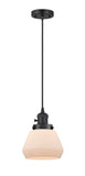 201CSW-BK-G171 Cord Hung 7" Matte Black Mini Pendant - Matte White Cased Fulton Glass - LED Bulb - Dimmensions: 7 x 7 x 10<br>Minimum Height : 12.5<br>Maximum Height : 130.5 - Sloped Ceiling Compatible: Yes