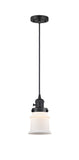201CSW-BK-G181S Cord Hung 6" Matte Black Mini Pendant - Matte White Small Canton Glass - LED Bulb - Dimmensions: 6 x 6 x 10<br>Minimum Height : 12.75<br>Maximum Height : 130.75 - Sloped Ceiling Compatible: Yes