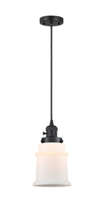 201CSW-BK-G181 Cord Hung 6" Matte Black Mini Pendant - Matte White Canton Glass - LED Bulb - Dimmensions: 6 x 6 x 10<br>Minimum Height : 14.5<br>Maximum Height : 132.5 - Sloped Ceiling Compatible: Yes