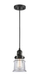 201CSW-BK-G182S Cord Hung 6" Matte Black Mini Pendant - Clear Small Canton Glass - LED Bulb - Dimmensions: 6 x 6 x 10<br>Minimum Height : 12.75<br>Maximum Height : 130.75 - Sloped Ceiling Compatible: Yes