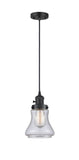201CSW-BK-G194 Cord Hung 6.25" Matte Black Mini Pendant - Seedy Bellmont Glass - LED Bulb - Dimmensions: 6.25 x 6.25 x 10<br>Minimum Height : 13.5<br>Maximum Height : 131.5 - Sloped Ceiling Compatible: Yes