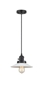 201CSW-BK-G1 Cord Hung 8.5" Matte Black Mini Pendant - White Halophane Glass - LED Bulb - Dimmensions: 8.5 x 8.5 x 8<br>Minimum Height : 9.25<br>Maximum Height : 127.25 - Sloped Ceiling Compatible: Yes