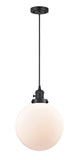201CSW-BK-G201-10 Cord Hung 10" Matte Black Mini Pendant - Matte White Cased Beacon Glass - LED Bulb - Dimmensions: 10 x 10 x 13<br>Minimum Height : 17<br>Maximum Height : 135 - Sloped Ceiling Compatible: Yes