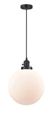 201CSW-BK-G201-12 Cord Hung 12" Matte Black Mini Pendant - Matte White Cased Beacon Glass - LED Bulb - Dimmensions: 12 x 12 x 15<br>Minimum Height : 19<br>Maximum Height : 137 - Sloped Ceiling Compatible: Yes