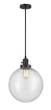 201CSW-BK-G204-12 Cord Hung 12" Matte Black Mini Pendant - Seedy Beacon Glass - LED Bulb - Dimmensions: 12 x 12 x 15<br>Minimum Height : 19<br>Maximum Height : 137 - Sloped Ceiling Compatible: Yes