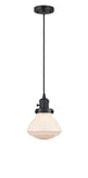 201CSW-BK-G321 Cord Hung 6.75" Matte Black Mini Pendant - Matte White Olean Glass - LED Bulb - Dimmensions: 6.75 x 6.75 x 7.75<br>Minimum Height : 12.25<br>Maximum Height : 130.25 - Sloped Ceiling Compatible: Yes