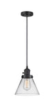201CSW-BK-G42 Cord Hung 8" Matte Black Mini Pendant - Clear Large Cone Glass - LED Bulb - Dimmensions: 8 x 8 x 10<br>Minimum Height : 13.25<br>Maximum Height : 131.25 - Sloped Ceiling Compatible: Yes