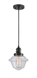 201CSW-BK-G534 Cord Hung 7.5" Matte Black Mini Pendant - Seedy Small Oxford Glass - LED Bulb - Dimmensions: 7.5 x 7.5 x 8<br>Minimum Height : 13<br>Maximum Height : 131 - Sloped Ceiling Compatible: Yes