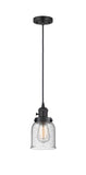 201CSW-BK-G54 Cord Hung 5" Matte Black Mini Pendant - Seedy Small Bell Glass - LED Bulb - Dimmensions: 5 x 5 x 10<br>Minimum Height : 13<br>Maximum Height : 131 - Sloped Ceiling Compatible: Yes