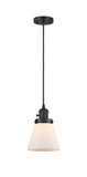 201CSW-BK-G61 Cord Hung 6" Matte Black Mini Pendant - Matte White Cased Small Cone Glass - LED Bulb - Dimmensions: 6 x 6 x 8<br>Minimum Height : 13<br>Maximum Height : 131 - Sloped Ceiling Compatible: Yes