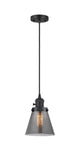 201CSW-BK-G63 Cord Hung 6" Matte Black Mini Pendant - Plated Smoke Small Cone Glass - LED Bulb - Dimmensions: 6 x 6 x 8<br>Minimum Height : 13<br>Maximum Height : 131 - Sloped Ceiling Compatible: Yes
