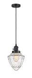 201CSW-BK-G664-7 Cord Hung 7" Matte Black Mini Pendant - Seedy Small Bullet Glass - LED Bulb - Dimmensions: 7 x 7 x 14.5<br>Minimum Height : 17.5<br>Maximum Height : 134.5 - Sloped Ceiling Compatible: Yes