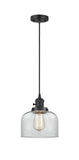 201CSW-BK-G72 Cord Hung 8" Matte Black Mini Pendant - Clear Large Bell Glass - LED Bulb - Dimmensions: 8 x 8 x 10<br>Minimum Height : 13<br>Maximum Height : 131 - Sloped Ceiling Compatible: Yes