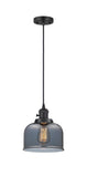 201CSW-BK-G73 Cord Hung 8" Matte Black Mini Pendant - Plated Smoke Large Bell Glass - LED Bulb - Dimmensions: 8 x 8 x 10<br>Minimum Height : 13<br>Maximum Height : 131 - Sloped Ceiling Compatible: Yes
