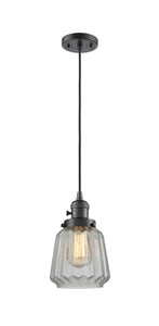 201CSW-OB-G142 Cord Hung 7" Oil Rubbed Bronze Mini Pendant - Clear Chatham Glass - LED Bulb - Dimmensions: 7 x 7 x 11<br>Minimum Height : 14<br>Maximum Height : 132 - Sloped Ceiling Compatible: Yes
