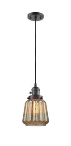 201CSW-OB-G146 Cord Hung 7" Oil Rubbed Bronze Mini Pendant - Mercury Plated Chatham Glass - LED Bulb - Dimmensions: 7 x 7 x 11<br>Minimum Height : 15.25<br>Maximum Height : 133.25 - Sloped Ceiling Compatible: Yes