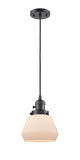 201CSW-OB-G171 Cord Hung 7" Oil Rubbed Bronze Mini Pendant - Matte White Cased Fulton Glass - LED Bulb - Dimmensions: 7 x 7 x 10<br>Minimum Height : 12.5<br>Maximum Height : 130.5 - Sloped Ceiling Compatible: Yes