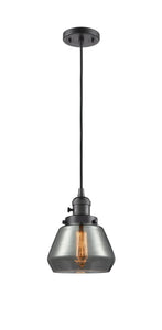 201CSW-OB-G173 Cord Hung 7" Oil Rubbed Bronze Mini Pendant - Plated Smoke Fulton Glass - LED Bulb - Dimmensions: 7 x 7 x 10<br>Minimum Height : 12.5<br>Maximum Height : 130.5 - Sloped Ceiling Compatible: Yes