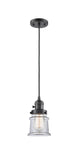201CSW-OB-G182S Cord Hung 6" Oil Rubbed Bronze Mini Pendant - Clear Small Canton Glass - LED Bulb - Dimmensions: 6 x 6 x 10<br>Minimum Height : 12.75<br>Maximum Height : 130.75 - Sloped Ceiling Compatible: Yes