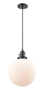 201CSW-OB-G201-10 Cord Hung 10" Oil Rubbed Bronze Mini Pendant - Matte White Cased Beacon Glass - LED Bulb - Dimmensions: 10 x 10 x 13<br>Minimum Height : 17<br>Maximum Height : 135 - Sloped Ceiling Compatible: Yes