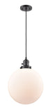 201CSW-OB-G201-12 Cord Hung 12" Oil Rubbed Bronze Mini Pendant - Matte White Cased Beacon Glass - LED Bulb - Dimmensions: 12 x 12 x 15<br>Minimum Height : 19<br>Maximum Height : 137 - Sloped Ceiling Compatible: Yes