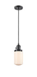 201CSW-OB-G311 Cord Hung 4.5" Oil Rubbed Bronze Mini Pendant - Matte White Cased Dover Glass - LED Bulb - Dimmensions: 4.5 x 4.5 x 10.25<br>Minimum Height : 13.75<br>Maximum Height : 131.75 - Sloped Ceiling Compatible: Yes