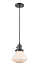 201CSW-OB-G321 Cord Hung 6.75" Oil Rubbed Bronze Mini Pendant - Matte White Olean Glass - LED Bulb - Dimmensions: 6.75 x 6.75 x 7.75<br>Minimum Height : 12.25<br>Maximum Height : 130.25 - Sloped Ceiling Compatible: Yes