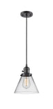 201CSW-OB-G42 Cord Hung 8" Oil Rubbed Bronze Mini Pendant - Clear Large Cone Glass - LED Bulb - Dimmensions: 8 x 8 x 10<br>Minimum Height : 13.25<br>Maximum Height : 131.25 - Sloped Ceiling Compatible: Yes