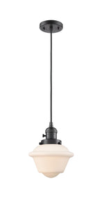 201CSW-OB-G531 Cord Hung 7.5" Oil Rubbed Bronze Mini Pendant - Matte White Cased Small Oxford Glass - LED Bulb - Dimmensions: 7.5 x 7.5 x 8<br>Minimum Height : 13<br>Maximum Height : 131 - Sloped Ceiling Compatible: Yes