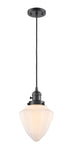201CSW-OB-G661-7 Cord Hung 7" Oil Rubbed Bronze Mini Pendant - Matte White Cased Small Bullet Glass - LED Bulb - Dimmensions: 7 x 7 x 14.5<br>Minimum Height : 17.5<br>Maximum Height : 134.5 - Sloped Ceiling Compatible: Yes