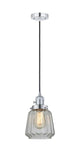 201CSW-PC-G142 Cord Hung 7" Polished Chrome Mini Pendant - Clear Chatham Glass - LED Bulb - Dimmensions: 7 x 7 x 11<br>Minimum Height : 14<br>Maximum Height : 132 - Sloped Ceiling Compatible: Yes