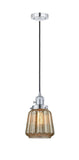 201CSW-PC-G146 Cord Hung 7" Polished Chrome Mini Pendant - Mercury Plated Chatham Glass - LED Bulb - Dimmensions: 7 x 7 x 11<br>Minimum Height : 15.25<br>Maximum Height : 133.25 - Sloped Ceiling Compatible: Yes