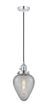 201CSW-PC-G165 Cord Hung 6.5" Polished Chrome Mini Pendant - Clear Crackle Geneseo Glass - LED Bulb - Dimmensions: 6.5 x 6.5 x 12<br>Minimum Height : 16<br>Maximum Height : 134 - Sloped Ceiling Compatible: Yes