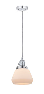 201CSW-PC-G171 Cord Hung 7" Polished Chrome Mini Pendant - Matte White Cased Fulton Glass - LED Bulb - Dimmensions: 7 x 7 x 10<br>Minimum Height : 12.5<br>Maximum Height : 130.5 - Sloped Ceiling Compatible: Yes
