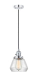 201CSW-PC-G172 Cord Hung 7" Polished Chrome Mini Pendant - Clear Fulton Glass - LED Bulb - Dimmensions: 7 x 7 x 10<br>Minimum Height : 12.5<br>Maximum Height : 130.5 - Sloped Ceiling Compatible: Yes