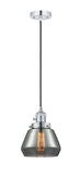 201CSW-PC-G173 Cord Hung 7" Polished Chrome Mini Pendant - Plated Smoke Fulton Glass - LED Bulb - Dimmensions: 7 x 7 x 10<br>Minimum Height : 12.5<br>Maximum Height : 130.5 - Sloped Ceiling Compatible: Yes