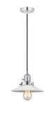201CSW-PC-G1 Cord Hung 8.5" Polished Chrome Mini Pendant - White Halophane Glass - LED Bulb - Dimmensions: 8.5 x 8.5 x 8<br>Minimum Height : 9.25<br>Maximum Height : 127.25 - Sloped Ceiling Compatible: Yes