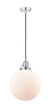 201CSW-PC-G201-10 Cord Hung 10" Polished Chrome Mini Pendant - Matte White Cased Beacon Glass - LED Bulb - Dimmensions: 10 x 10 x 13<br>Minimum Height : 17<br>Maximum Height : 135 - Sloped Ceiling Compatible: Yes