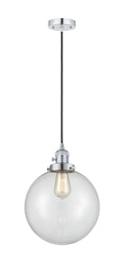 201CSW-PC-G202-10 Cord Hung 10" Polished Chrome Mini Pendant - Clear Beacon Glass - LED Bulb - Dimmensions: 10 x 10 x 13<br>Minimum Height : 17<br>Maximum Height : 135 - Sloped Ceiling Compatible: Yes