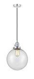 201CSW-PC-G204-10 Cord Hung 10" Polished Chrome Mini Pendant - Seedy Beacon Glass - LED Bulb - Dimmensions: 10 x 10 x 13<br>Minimum Height : 17<br>Maximum Height : 135 - Sloped Ceiling Compatible: Yes