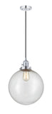 201CSW-PC-G204-12 Cord Hung 12" Polished Chrome Mini Pendant - Seedy Beacon Glass - LED Bulb - Dimmensions: 12 x 12 x 15<br>Minimum Height : 19<br>Maximum Height : 137 - Sloped Ceiling Compatible: Yes