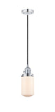 201CSW-PC-G311 Cord Hung 4.5" Polished Chrome Mini Pendant - Matte White Cased Dover Glass - LED Bulb - Dimmensions: 4.5 x 4.5 x 10.25<br>Minimum Height : 13.75<br>Maximum Height : 131.75 - Sloped Ceiling Compatible: Yes