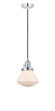 201CSW-PC-G321 Cord Hung 6.75" Polished Chrome Mini Pendant - Matte White Olean Glass - LED Bulb - Dimmensions: 6.75 x 6.75 x 7.75<br>Minimum Height : 12.25<br>Maximum Height : 130.25 - Sloped Ceiling Compatible: Yes