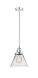 201CSW-PC-G42 Cord Hung 8" Polished Chrome Mini Pendant - Clear Large Cone Glass - LED Bulb - Dimmensions: 8 x 8 x 10<br>Minimum Height : 13.25<br>Maximum Height : 131.25 - Sloped Ceiling Compatible: Yes