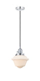 201CSW-PC-G531 Cord Hung 7.5" Polished Chrome Mini Pendant - Matte White Cased Small Oxford Glass - LED Bulb - Dimmensions: 7.5 x 7.5 x 8<br>Minimum Height : 13<br>Maximum Height : 131 - Sloped Ceiling Compatible: Yes