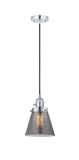 201CSW-PC-G63 Cord Hung 6" Polished Chrome Mini Pendant - Plated Smoke Small Cone Glass - LED Bulb - Dimmensions: 6 x 6 x 8<br>Minimum Height : 13<br>Maximum Height : 131 - Sloped Ceiling Compatible: Yes
