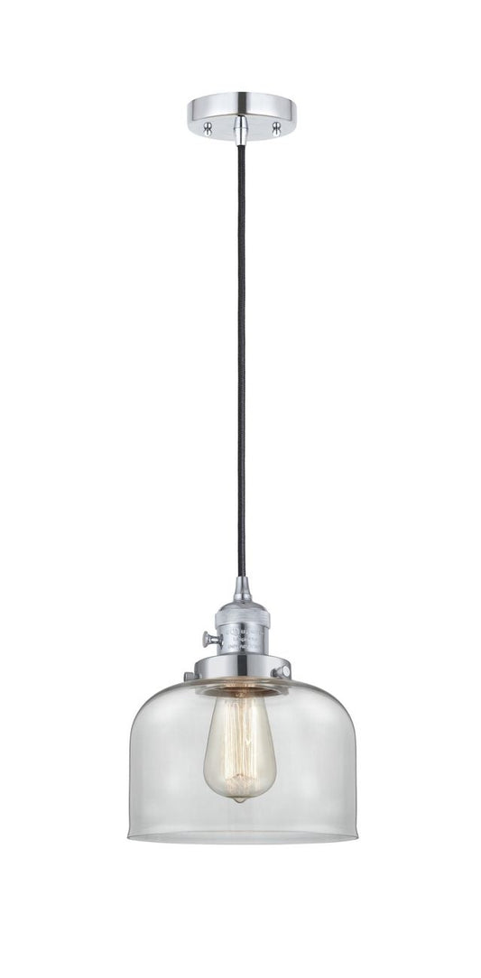 201CSW-PC-G72 Cord Hung 8" Polished Chrome Mini Pendant - Clear Large Bell Glass - LED Bulb - Dimmensions: 8 x 8 x 10<br>Minimum Height : 13<br>Maximum Height : 131 - Sloped Ceiling Compatible: Yes